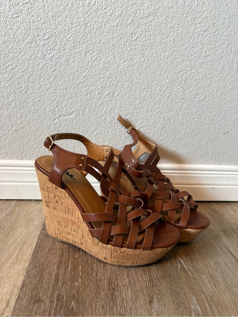Soda Brown Woven Cork Wedge Sandals